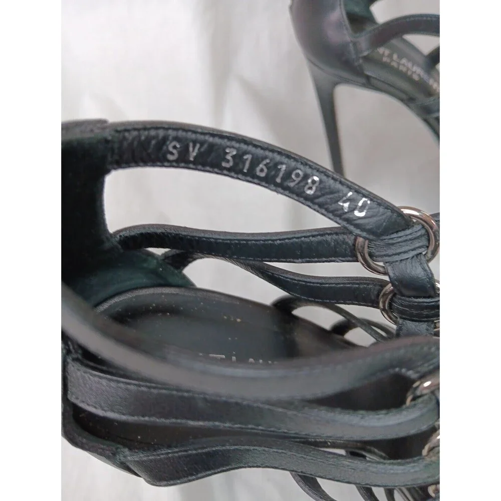 Saint Laurent Nina Cage Sandals Size 40 (9.5) Black Calfskin Strappy Stiletto EC